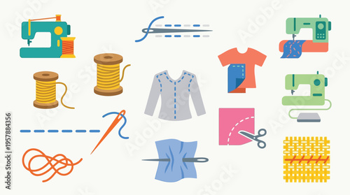 A collection of sewing and tailoring icons, including sewing machines, spools of thread, needles, fabric, scissors, and knitted patterns.