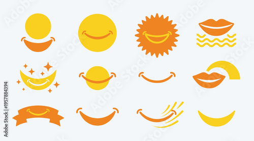 A collection of cheerful and smiling mouth and sun icons, representing happiness and positivity.