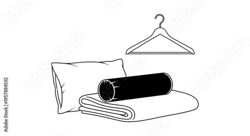 Arrangement of Household Items - Pillow, Blanket, Roll, and Hanger.