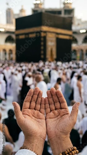 Pilgrim Hands Raised in Prayer Facing Kaaba During Hajj in Mecca