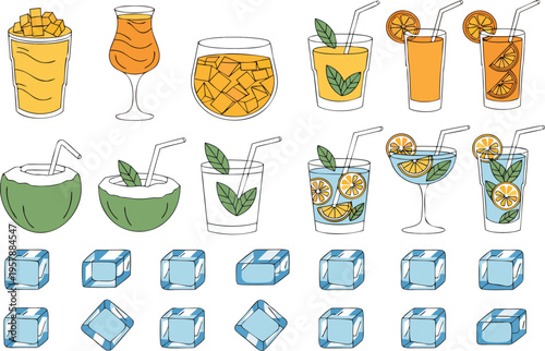 Collection of various refreshing summer cocktails and drinks with ice cubes in a flat design style Vector
