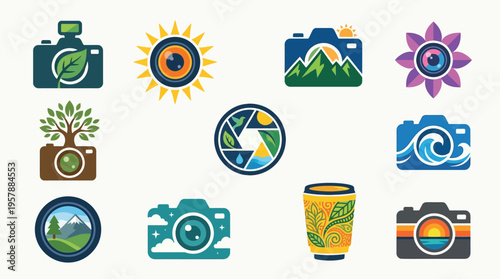 Collection of diverse camera lens and photography-themed icons featuring nature elements and abstract designs.