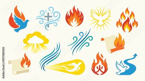 Collection of Christian religious symbols representing the Holy Spirit, fire, wind, and divine light.