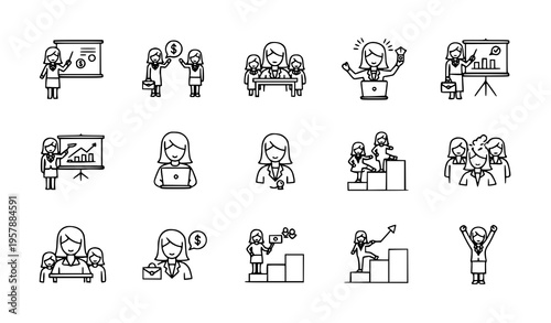 Businesswoman line icon set power women career success and leadership vector illustration isolated on white background