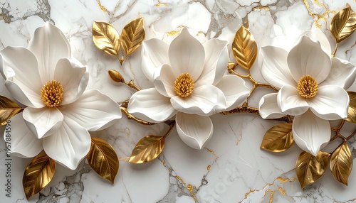 Wallpaper Mural Elegant White Magnolia Flowers with Golden Leaves on Marble Background. Torontodigital.ca