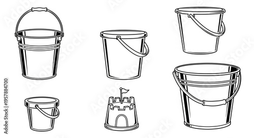 Collection of Beach Buckets and Sandcastle Illustration.
