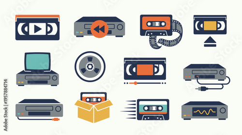 Collection of vintage and modern media playback devices and formats, including VCRs, tape players, and various cassette types.