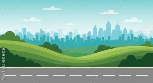 Modern flat vector landscape illustration featuring a green park with rolling hills, an empty road, and a blue city skyline under a clear sky.