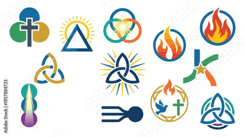 Collection of Christian religious symbols including crosses, flames, and the Trinity knot, representing faith and spirituality.