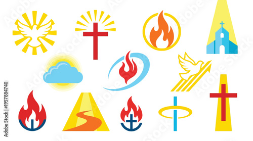 Collection of Christian religious symbols including crosses, doves, flames, and churches, representing faith and spirituality.