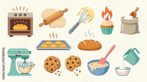 A vibrant collection of baking-related illustrations, showcasing kitchen appliances, ingredients, and finished baked goods.
