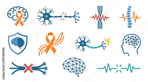 Collection of icons representing neurological health, brain research, and awareness of neurological diseases like MS and cancer.