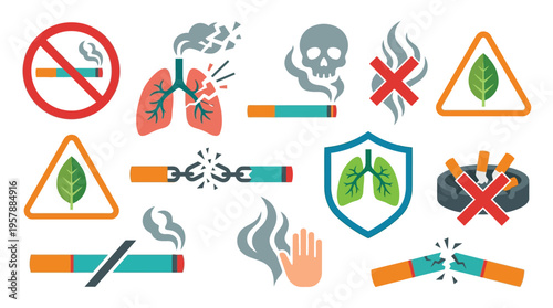 Collection of icons representing the dangers of smoking and promoting a smoke-free lifestyle, including lungs, skulls, and broken cigarettes.