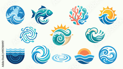 Collection of stylized water-themed icons featuring waves, marine life, and natural elements like the sun and coral.
