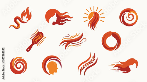 Collection of stylized orange and red hair and abstract circular designs, including a comb, a profile of a head, and fiery elements.