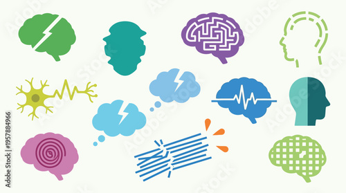 Collection of stylized brain and neurological icons representing mental health, cognition, and neurological conditions.