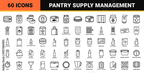Canned Food and Pantry Preservation Minimalist Monoline Icons for Grocery Retail, Food Storage, and Emergency Preparedness Design Projects