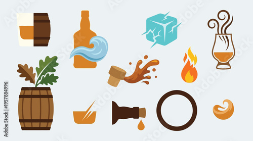 A collection of stylized icons representing elements associated with whiskey production and consumption, including barrels, bottles, ice, fire, and glassware.