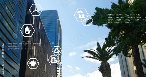 Vertical video: Scan initiating, palm tree anchoring floating sustainability icons and live metrics