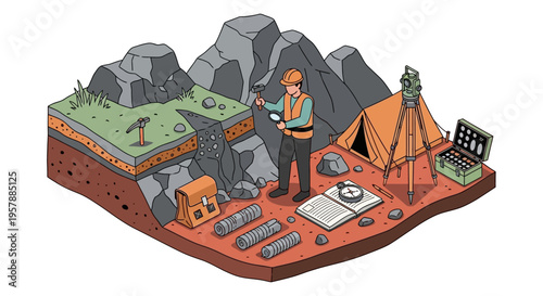 An engaging isometric illustration presents a comprehensive view of a geologist's field setup, showing a professional with tools and equipment amidst a stratified rocky landscape.