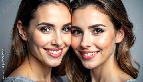 Wallpaper Mural Close-up portrait of two smiling young women, sisters, friends, or twins, with natural makeup and healthy skin, looking at the camera. Torontodigital.ca