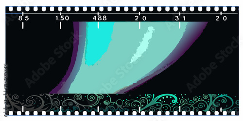 Abstract film strip with turquoise and purple swirling shapes