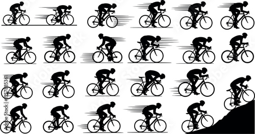 A sequence of a cyclist riding a bicycle in various motion stages on a white background with a black silhouette