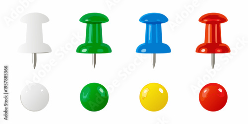 Colorful push pins displayed in a row with top and aerial views