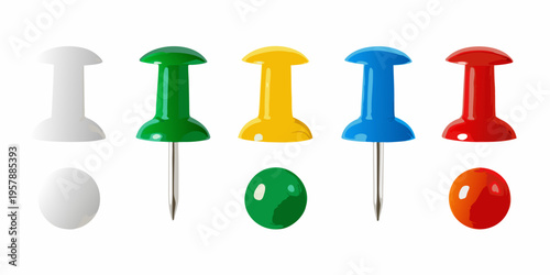 Colorful thumbtacks and push pins arranged in a horizontal row