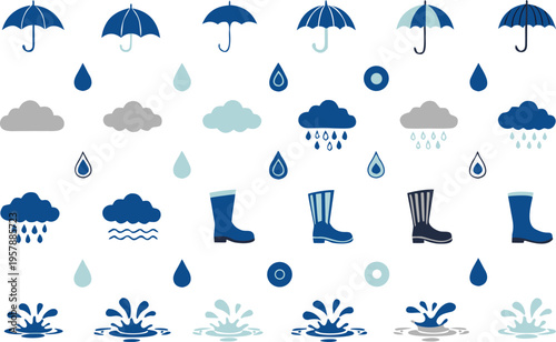 Set of colorful weather icons featuring umbrellas clouds raindrops boots and water splash elements Vector