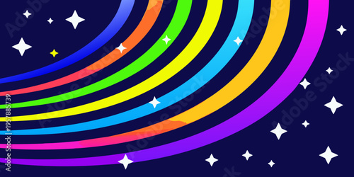Colorful rainbow arcs and twinkling stars against a dark blue background