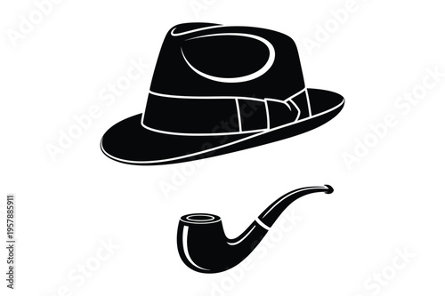 Fedora hat and pipe vector icons for detective themes with black and white