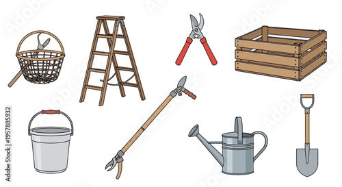 Set of Essential Gardening Tools and Equipment Illustrations Featuring a Wooden Ladder, Pruners, Watering Can, Shovel, Bucket, and Crate on a White Background.