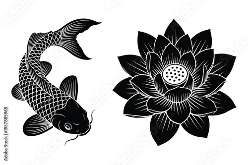 Koi fish and lotus flower icon vector graphic