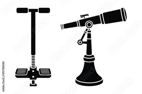Pogo stick and telescope silhouette, fun and exploration icons