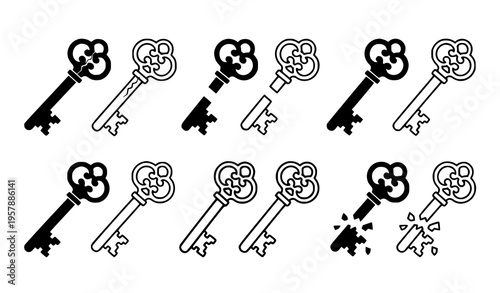 Broken key icon collection with cracked and split key variations outline and silhouette vector isolated on white