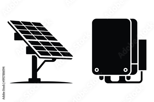 Solar panel and inverter silhouette, renewable energy icons