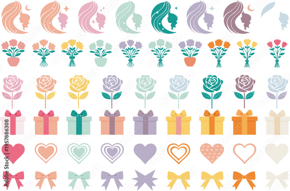 Obraz premium Collection of colorful vector icons featuring female profiles flowers roses gifts hearts and bows Vector