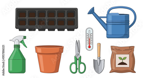 Gardening tools illustration set including a watering can, seed starting tray, terracotta pot, garden shears, spray bottle, thermometer, trowel, and soil bag.