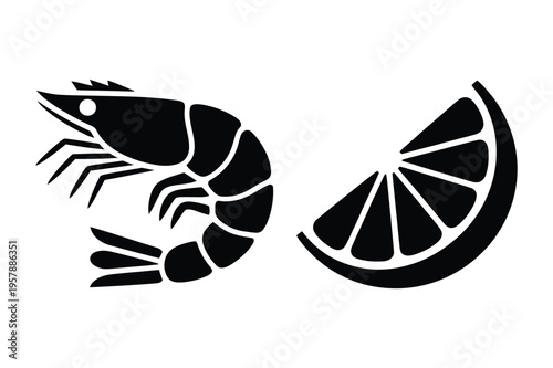 Shrimp and lemon slice silhouette icon with food and drink