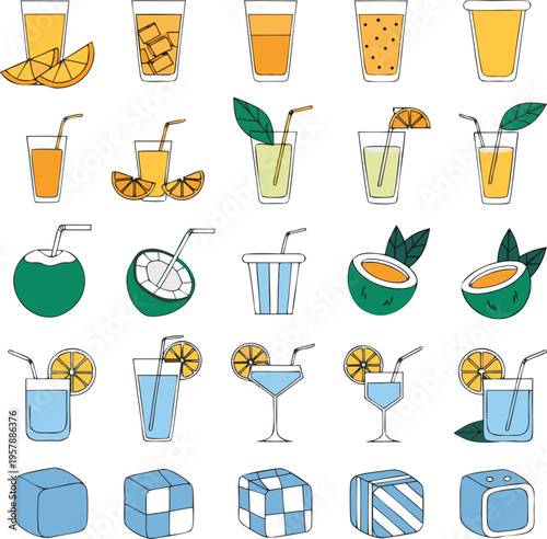 Collection of hand drawn summer drink icons featuring various cocktails and refreshing fruit juices Vector