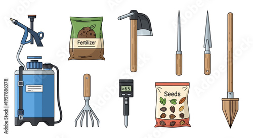 Flat Vector Illustration of Gardening Equipment Set featuring a Pressure Sprayer, Fertilizer Bag, Seeds Packet, pH Meter, Hand Rake, Hoe, and Planting Tools.