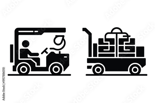 Black silhouette of golf cart driver and luggage cart with utility vehicle