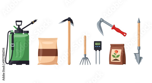 Professional Gardening Tool Set Illustration with Pressure Sprayer, Soil Bags, Pickaxe, Hand Rake, Digital Soil Moisture Meter, Sickle and Dibber on White.