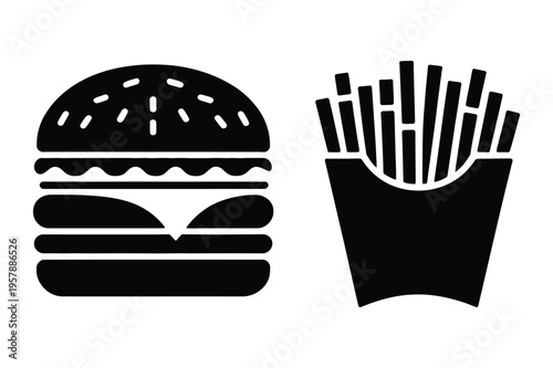 Black silhouette of burger and french fries with fast food