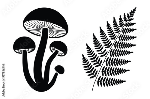Mushroom and fern leaf silhouette icon vector graphic