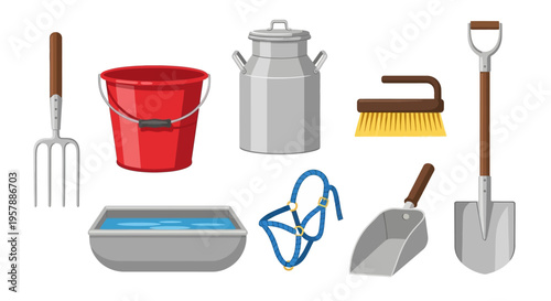 Set of farm equipment and stable tool icons featuring a pitchfork, red bucket, milk can, brush, shovel, water trough, blue horse halter, and metal scoop vector.