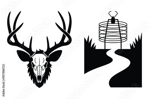 Deer skull and trapper's snare icons: hunting and wildlife symbols