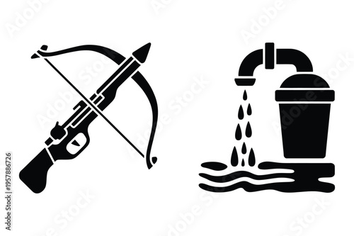 Crossbow and water tap icons: hunting and plumbing symbols