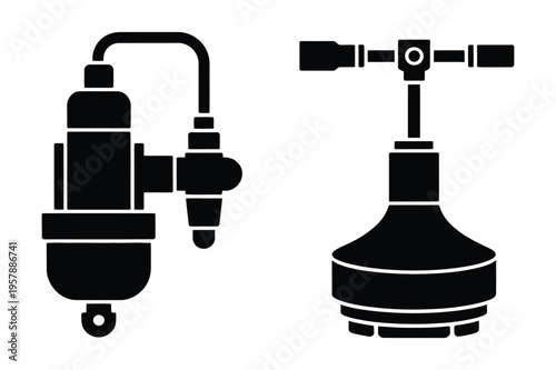 Industrial filter and spray nozzle icons: filtration and spraying